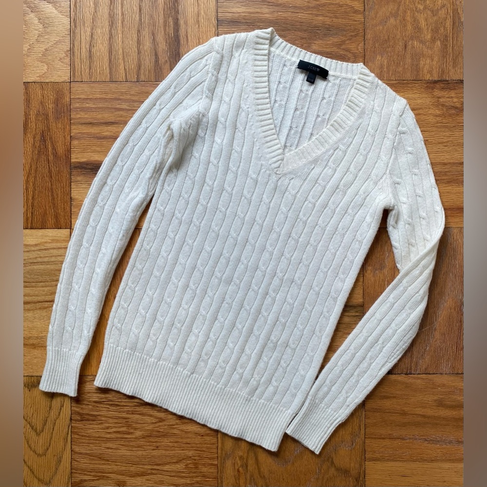 J Crew Cream V Neck Cable-knit Sweater Sz XXXS
